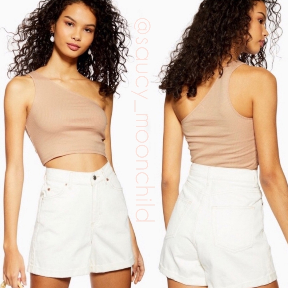 NEW 《 topshop 》 Nude Pink Cotton One Shoulder Ribbed Crop Tank Top Medium Y2k